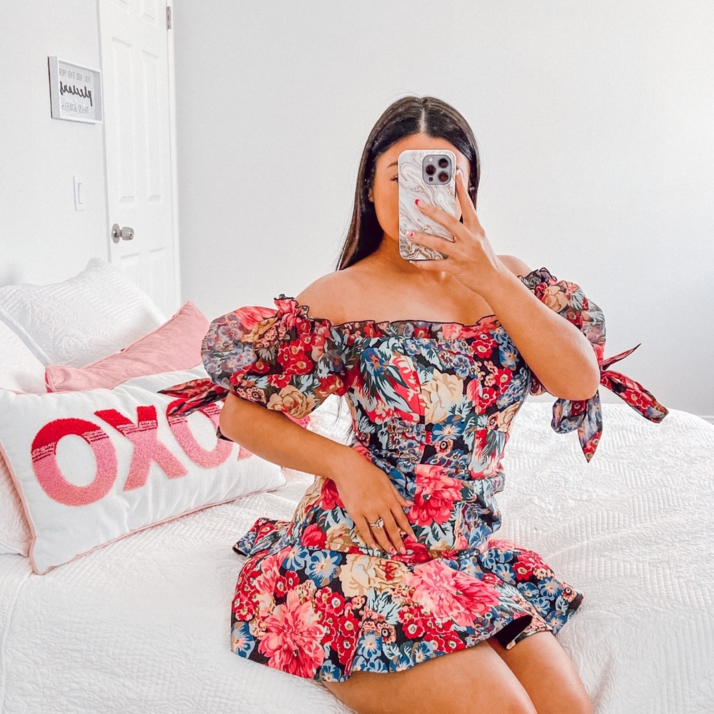 UO KEEPSAKE floral mini dress puff sleeve off shoulder 6
